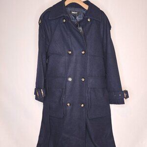 DKNY Women's Wool Trench Coat with Belt in Navy, Size XS, NWT